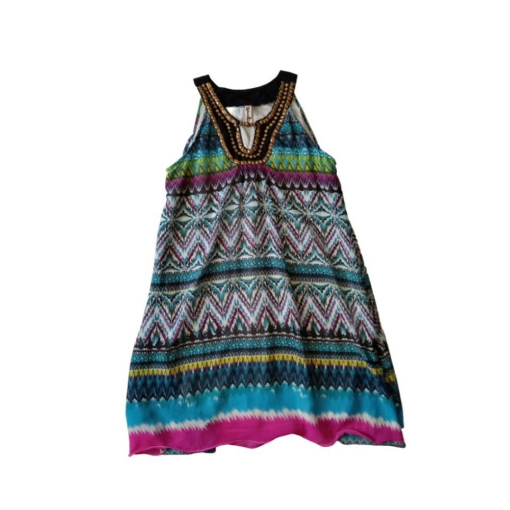 Shoreline Pink Blue Ikat Print Embellished Neck Sleeveless Dress Women's L XL